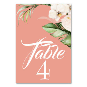 Tropische Orchideen und Palme auf Koralle Tischnummer