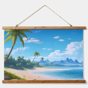 Tropische Ozeaninsel Sandstrand Ufer Wandteppich Mit Holzrahmen