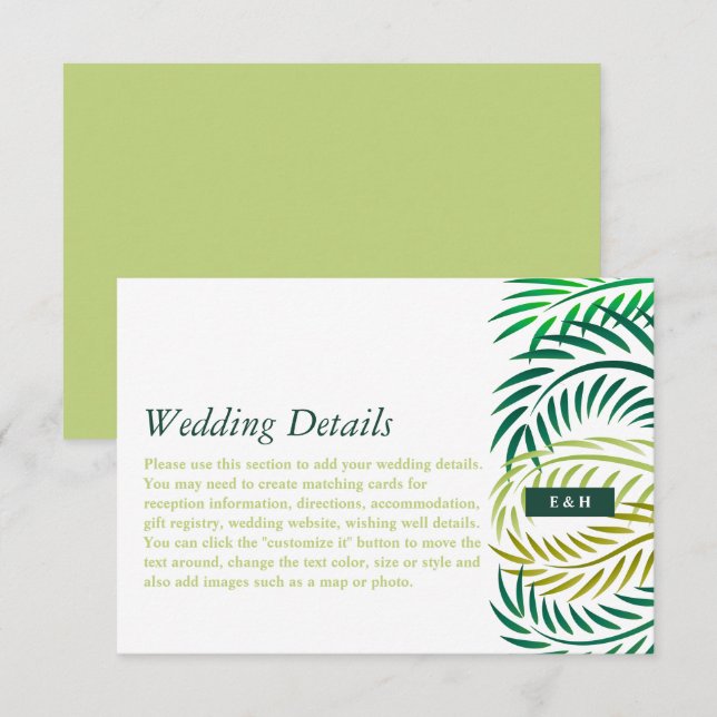 Tropische Palm-Blätter, Details zur Hochzeit am St Begleitkarte (Vorne/Hinten)