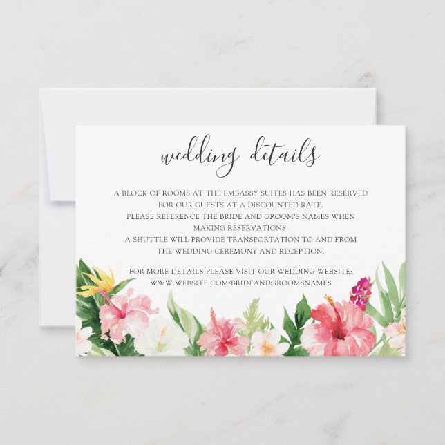 Tropische Palm-Blätter Hochzeitdetails Beipackkart Einladung (Vorderseite)