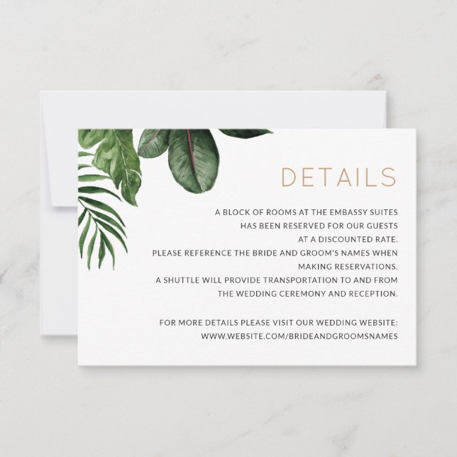 Tropische Palm-Blätter Hochzeitdetails Beipackkart Einladung (Vorderseite)