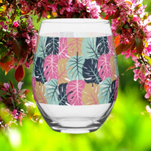 Tropische Palm-Blätter in Rosa und Blau   unermüdl Weinglas Ohne Stiel