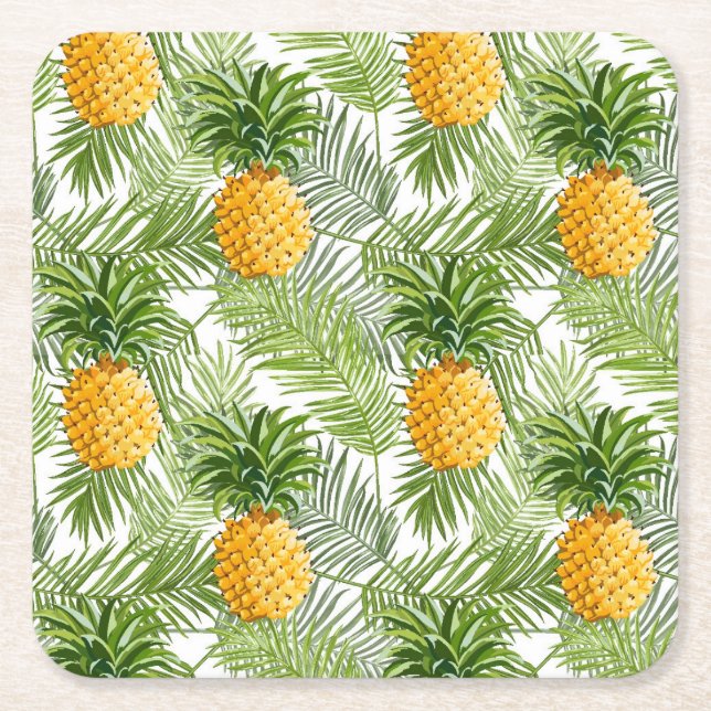 Tropische Palmblätter u. Ananas Rechteckiger Pappuntersetzer (Vorderseite)