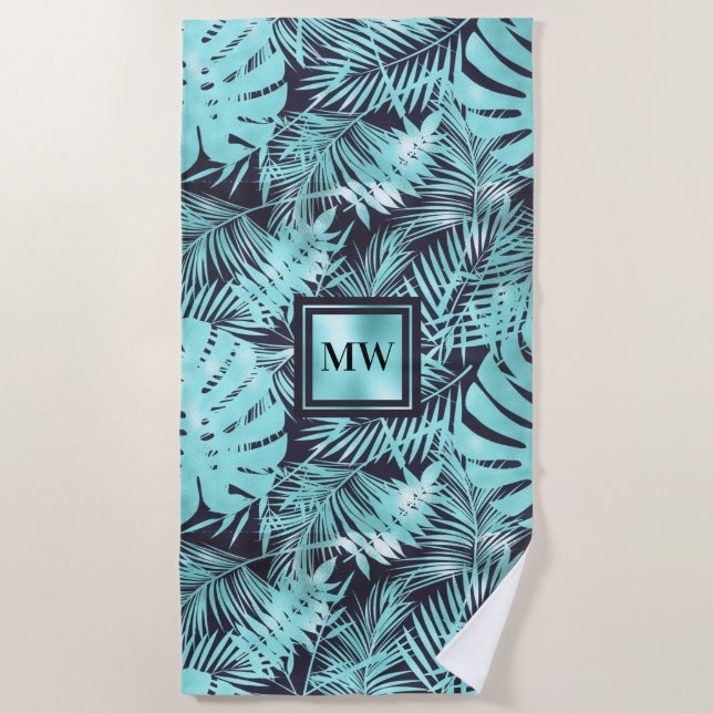 Tropische Palmblätteraqua navin blauer Monogramm I Strandtuch (Vorderseite)