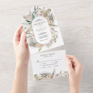 Tropische Palmblättrige Pampas-Grasblumenhochzeit All In One Einladung