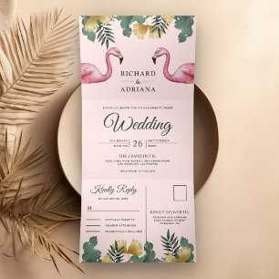 Tropische Palme Röte Rosa Flamingo Paar Hochzeit Dreifach Gefaltete Einladung