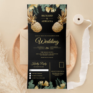 Tropische Palme Schwarz Gold Ananas Hochzeit Dreifach Gefaltete Einladung