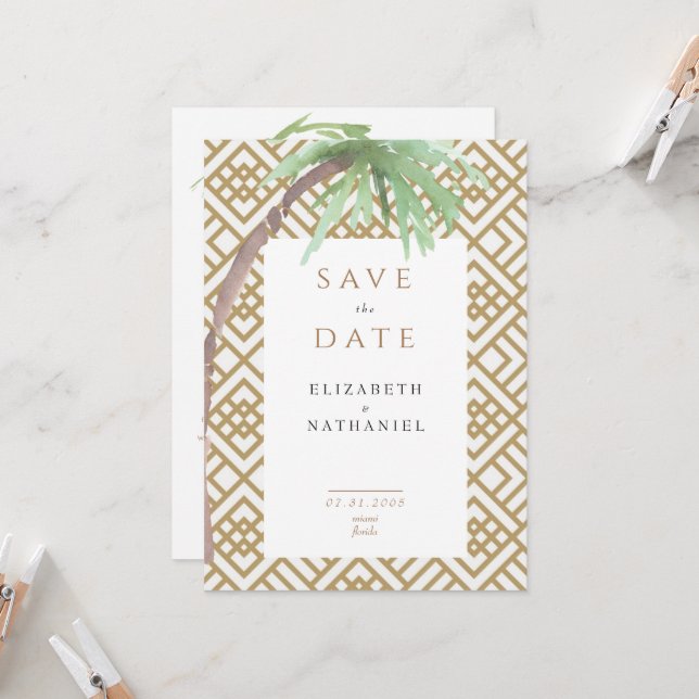 tropische Palme Tree Geometric Save the Date Einla Einladung (Vorderseite/Rückseite Beispiel)