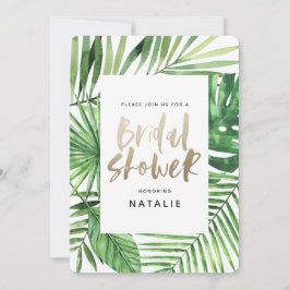 Tropische Palme und Gold-Script-Brautparty laden Save The Date