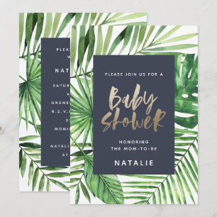 Tropische Palme und goldene Drehbuch-Babydusche la Save The Date