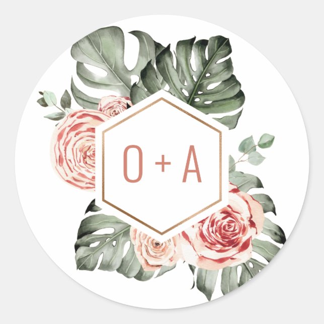 Tropische Palme und Rose Hochzeitmonographie Runder Aufkleber (Vorderseite)