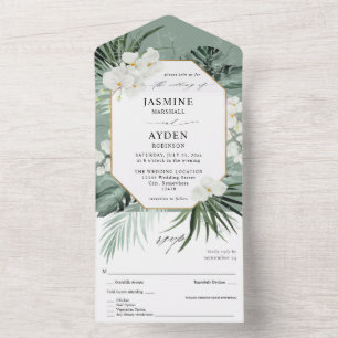 Tropische Palme und weiße Blumenhochzeit - Mintgrü All In One Einladung