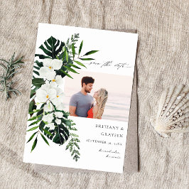 Tropische Palme und weißes, blumengeschmücktes Sav Save The Date