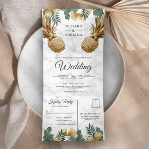 Tropische Palme Weiße Marmor Gold Ananas Hochzeit Dreifach Gefaltete Einladung