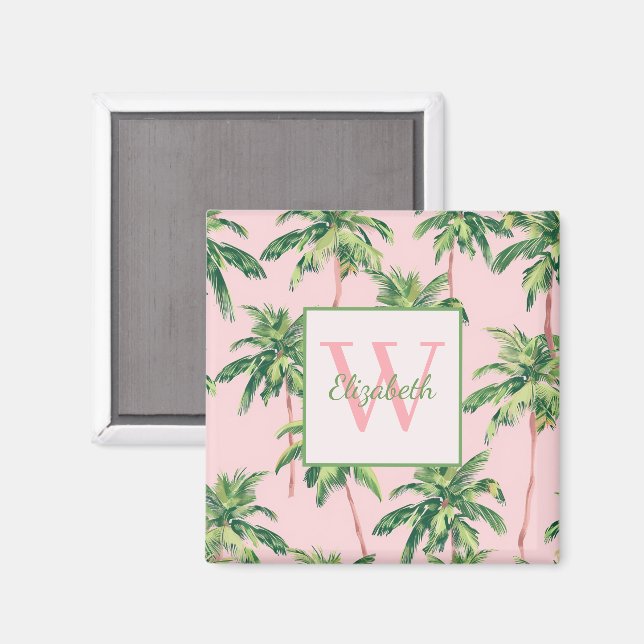 Tropische Palmen auf rosa Monogramm Magnet (Vorderseite/Rückseite)