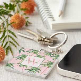 Tropische Palmen auf rosa Monogramm Schlüsselanhänger