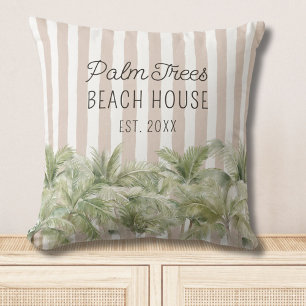 Tropische Palmen Bäume Beige Streifen Strandhaus Kissen
