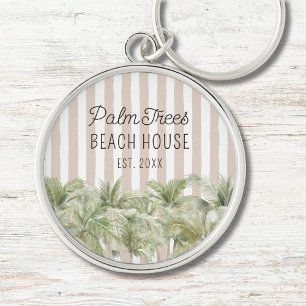 Tropische Palmen Bäume Beige Streifen Strandhaus Schlüsselanhänger
