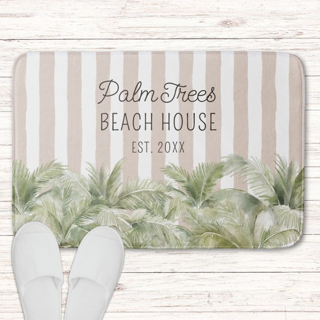 Tropische Palmen, Beige Streifen Beach House Badematte (In situ)