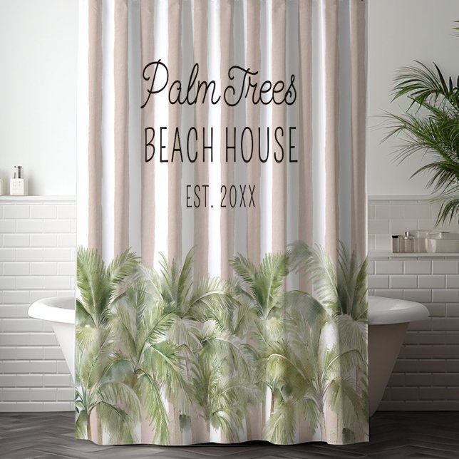 Tropische Palmen, Beige Streifen Beach House Duschvorhang (In situ)