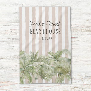 Tropische Palmen, Beige Streifen Beach House Geschirrtuch