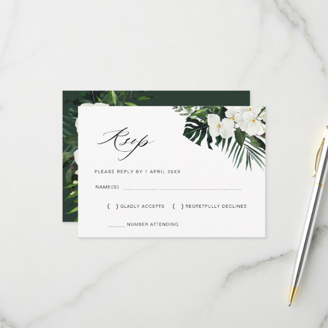 Tropische Palmen Blätter Blumenzwiebelkarte RSVP (Vorderseite/Rückseite Beispiel)