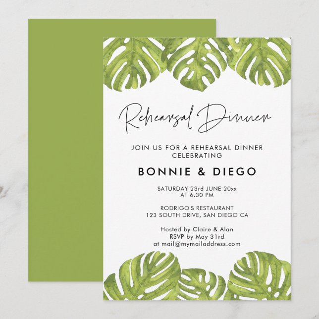 Tropische Palmen Blätter Hochzeit Probe Dinner Einladung (Vorne/Hinten)