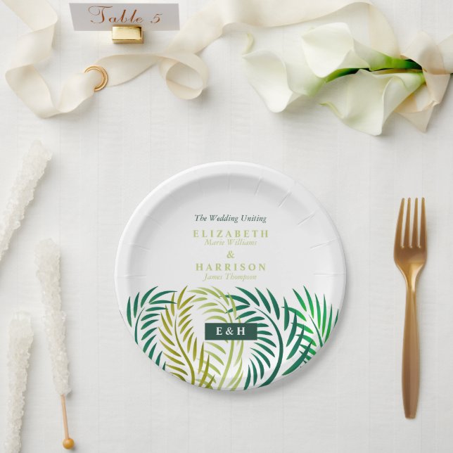 Tropische Palmen-Blätter, Hochzeiten am Strand Pappteller (Hochzeit)