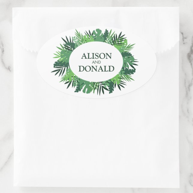 Tropische Palmen Blätter Hochzeitsnahrung Ovaler Aufkleber (Tasche)