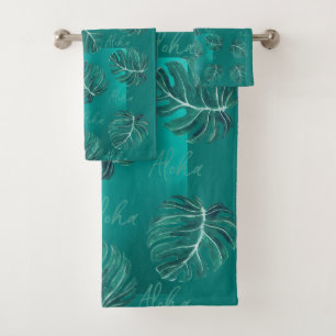 Tropische Palmen Blätter moderne aquamarine Aloha- Badhandtuch Set