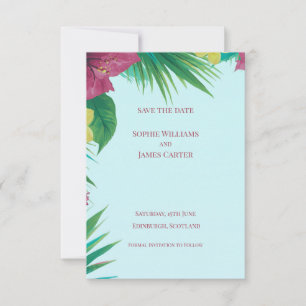 Tropische Palmen-Hibiskus-Teal-Destination-Hochzei Save The Date