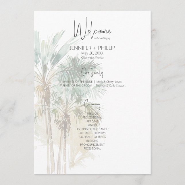 Tropische Palmen Moderne Hochzeit Programm (Vorderseite)