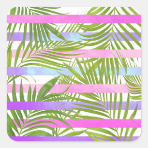 Tropische Palmen Moderne rosa violette Streifen Quadratischer Aufkleber