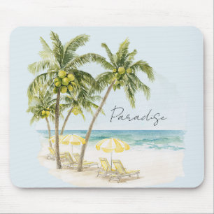 Tropische Palmen Ozean Gelbe Sonnenschirme Mousepad