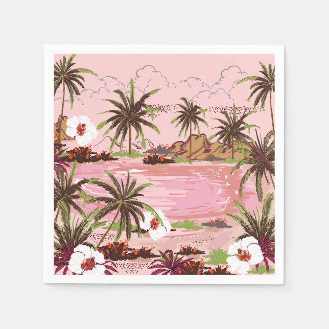 Tropische Palmen Pflanze und rosa Meer Serviette (Vorderseite)