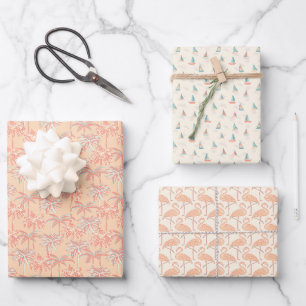 Tropische Palmen, Segelboote, Flamingos - Pfirsich Geschenkpapier Set