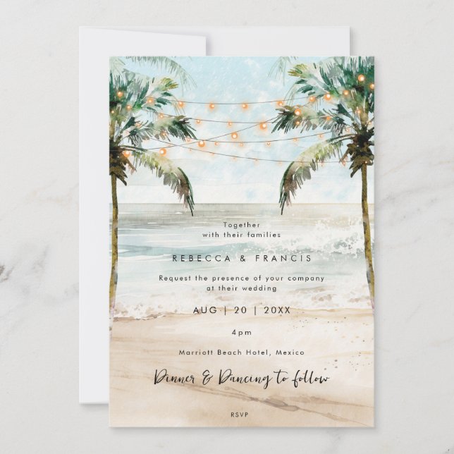 Tropische Palmen Strand Lichter Hochzeit Einladung (Vorderseite)