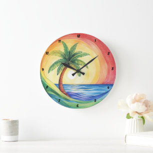 Tropische Palmen und Inspirierte Artwork im Ozean Große Wanduhr