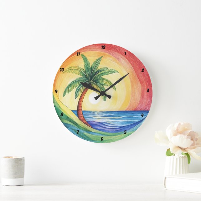 Tropische Palmen und Inspirierte Artwork im Ozean Große Wanduhr (Zuhause)