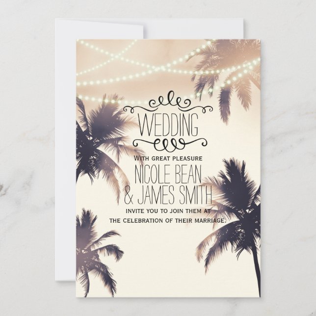 Tropische Palmen und Lichter Creme Traum Hochzeit Einladung (Vorderseite)