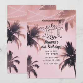 Tropische Palmen und Lichter Pink Beachy Sweet 16 Einladung