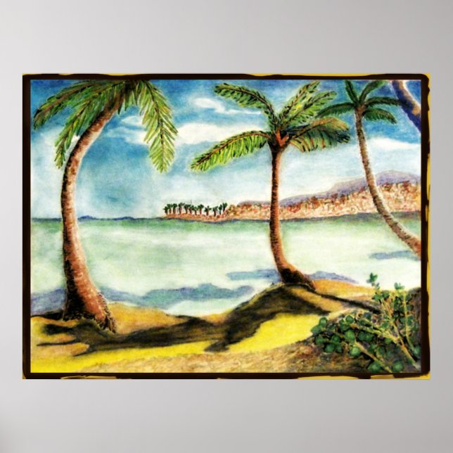 Tropische Palmen und Strand Zeichnend Poster (Vorne)