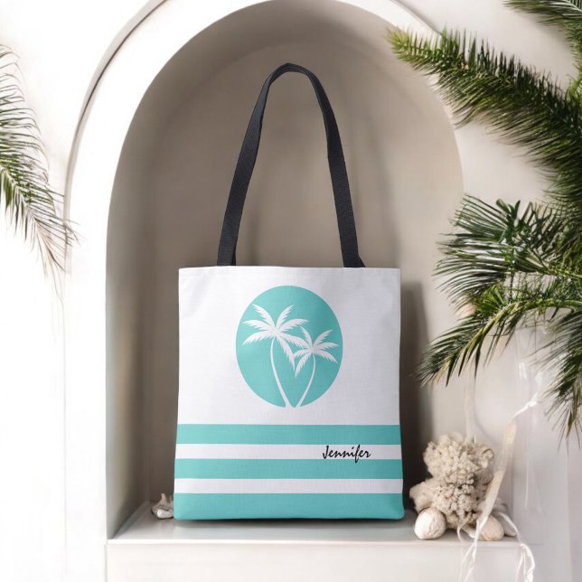 Tropische Palmen und Streifen mit Namen Tasche (Personalize with your name or monogram.)