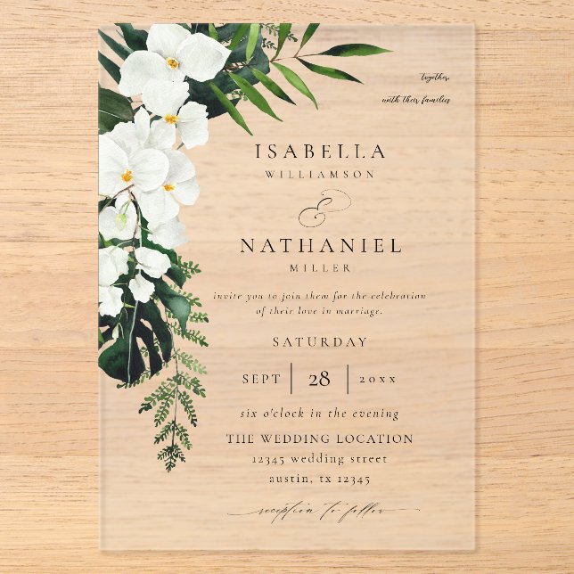 Tropische Palmen- und Weißblumenhochzeit 2 V2 Acryleinladungen (Vorderseite)