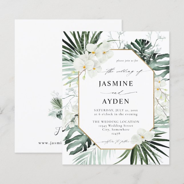 Tropische Palmen und weiße Blumen Hochzeit (Vorne/Hinten)