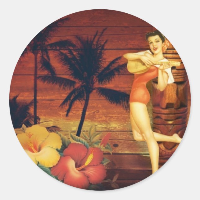 Tropische Palmenbaum Totem Pol hawaiian Girl aloha Runder Aufkleber (Vorderseite)