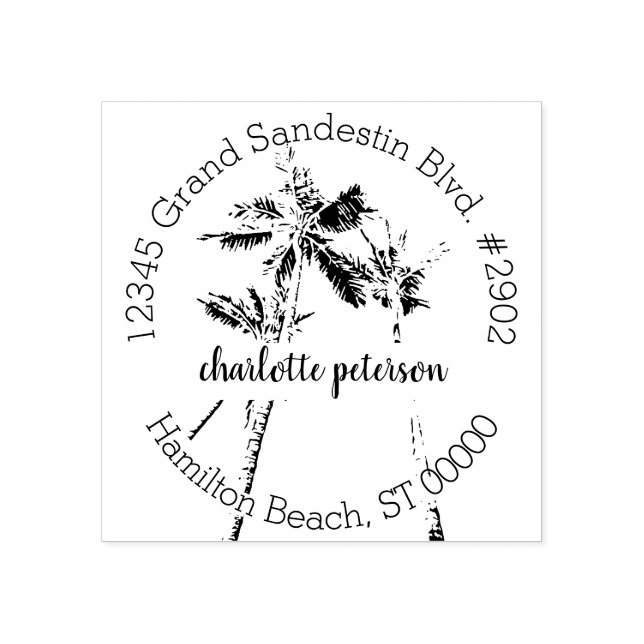 Tropische Palmenbäume handgeschriebene Rücksendead Gummistempel (Prägung)