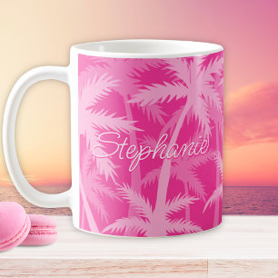Tropische Palmenbäume, Mit Monogramm, heiß rosa Kaffeetasse