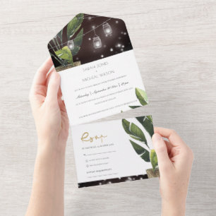 TROPISCHE PALMENBLÄTTER GIRLANDENLICHTER HOCHZEIT  ALL IN ONE EINLADUNG