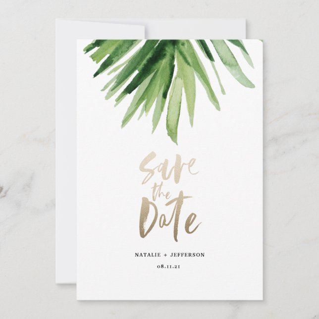 Tropische Palmenblätter und Goldschrift Save The Date (Vorderseite)
